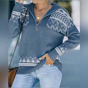 Like New(!) Boho Tribal Knit Half Zip Pullover Sweater Top in Blue and White